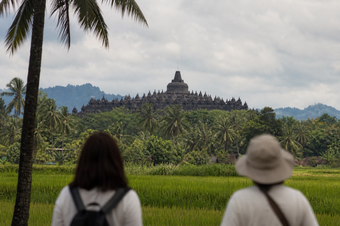 Borobudur temple rising over the Kedu Plain treeline