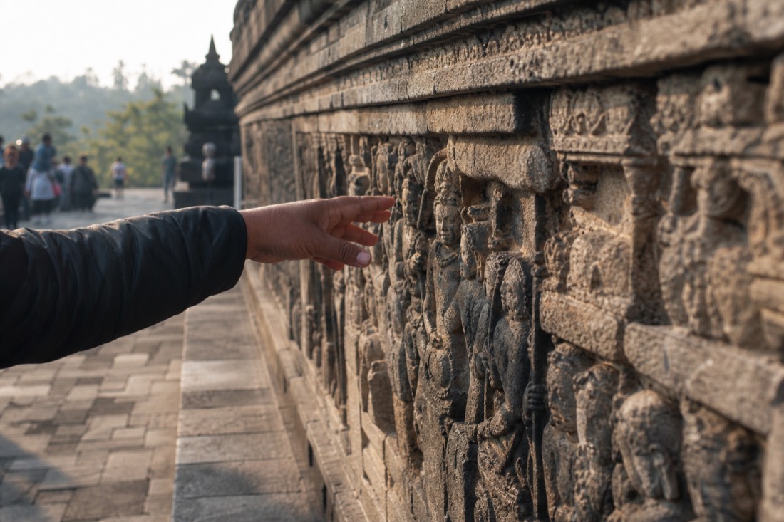 A guide pointing out figures on a Borobudur relief panel